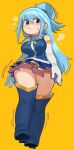  1girl aqua_(konosuba) blue_eyes blue_footwear blue_hair blue_shirt blue_skirt blue_thighhighs blush boots bow bowtie breasts detached_sleeves green_bow green_bowtie hair_ornament hair_rings highres kono_subarashii_sekai_ni_shukufuku_wo! large_breasts long_hair shirt skirt solo thigh_boots thighhighs wamudraws white_sleeves yellow_background 