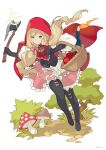  1girl apple axe basket black_footwear black_gloves blonde_hair boots bow closed_mouth food fruit full_body gloves green_eyes hair_bow hatchet_(axe) highres holding holding_axe hood hood_up kotatsu_(g-rough) little_red_riding_hood little_red_riding_hood_(grimm) looking_at_viewer low_twintails mushroom pink_bow pink_skirt red_apple simple_background skirt smile smug solo thigh_boots twintails white_background 