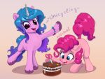  2022 absurd_res blue_eyes blue_hair blue_tail bracelet cake dessert digital_media_(artwork) duo earth_pony equid equine eyelashes female feral food friendship_is_magic hair hasbro hi_res hooves horn horse izzy_moonbow_(mlp) jewelry licking licking_lips mammal mlp_g5 my_little_pony pink_body pink_hair pink_tail pinkie_pie_(mlp) pony purple_body purple_eyes scissors tongue tongue_out tuft unicorn xbi 
