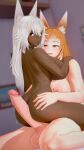  3d_(artwork) 5_fingers animal_humanoid areola balls bed big_breasts big_penis biped blonde_hair blonde_highlights blurred_background blush bodily_fluids breasts brown_body brown_skin butt butt_grab canid canid_humanoid canine canine_humanoid chloe_(cool_vibrations) cool_vibrations dark_body dark_skin detailed_background digit_ring digital_media_(artwork) dipstick_ears dripping duo erection female fingers fox_humanoid freckles furniture genital_fluids genitals gynomorph gynomorph/female hair hand_on_butt hi_res highlights_(coloring) hot_dogging huge_breasts humanoid humanoid_genitalia humanoid_hands humanoid_on_humanoid humanoid_penis imminent_sex inner_ear_fluff inside intersex intersex/female jewelry kahoko_(cool_vibrations) light_body light_skin long_hair long_penis looking_at_another looking_at_partner looking_back mammal mammal_humanoid monotone_ears multicolored_ears multicolored_eyes multicolored_hair nipples nude on_bed on_lap open_mouth open_smile orange_ears orange_eyes orange_hair orange_inner_ear penis pink_areola pink_nipples pink_penis portrait precum precum_drip precum_string red_eyes ring ring_(jewelry) sitting sitting_on_bed sitting_on_lap smile tailless three-quarter_portrait three-quarter_view tuft two_tone_ears two_tone_eyes two_tone_hair vein veiny_penis wedding_ring white_ears white_hair white_highlights white_inner_ear white_inner_ear_fluff yellow_eyes 