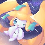  comet commentary_request hands_up highres jirachi komunyan looking_at_viewer night no_humans one_eye_closed outdoors pokemon pokemon_(creature) signature solo tongue tongue_out 