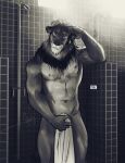  abs anthro beard bgn biceps byron_(bgn) covering covering_crotch covering_self facial_hair felid fur hair hi_res lion male mammal muscular muscular_anthro muscular_male nipples nude pantherine pecs shower solo standing towel towel_only wet 