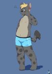  anthro belly blue_clothing blue_underwear bluechubbywolf boxers_(clothing) bulge calahoo_(calahootheyeen) clothing hair hi_res hyaenid male mammal messy_hair nipples round_body slightly_chubby solo spotted_hyena tired underwear 