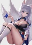  1girl absurdres animal_ear_fluff animal_ears azur_lane bangs blue_eyes blue_skirt blunt_bangs breasts cleavage clothes_lift collared_shirt commentary_request corset feet_out_of_frame fox_ears fox_girl fox_tail grey_hair highres holding japanese_clothes kaga_(azur_lane) kneehighs knees_up large_breasts lifted_by_self long_sleeves miniskirt multiple_tails no_panties parted_lips shirt short_hair simple_background sitting skirt skirt_lift solo tail tassel underbust white_background white_legwear wide_sleeves xianggu_wu_yan 