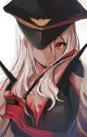  1girl :3 ai_the_somnium_files ai_the_somnium_files:_nirvana_initiative breasts cleavage dark-skinned_female dark_skin english_commentary hair_between_eyes hat highres holding holding_whip long_hair looking_at_viewer maru_ccy multicolored_hair peaked_cap red_eyes red_hair riding_crop sidelocks simple_background smile solo streaked_hair tama_(ai_the_somnium_files) white_background white_hair 