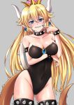  1girl absurdres aqua_eyes bare_shoulders black_leotard black_nails blonde_hair blue_eyes bowsette breasts choker cleavage earrings fingernails fire grin heart highleg highleg_leotard highres horns index_finger_raised jewelry large_breasts leotard licking licking_finger looking_at_viewer mario_(series) monster_girl nail_polish new_super_mario_bros._u_deluxe open_mouth pointy_ears ponytail sawwei005 sharp_fingernails sharp_teeth shell sleeveless smile sparkle strapless strapless_leotard super_crown tail teeth tongue tongue_out 