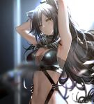  1girl a4-kalajiao animal_ears arknights arms_up black_scarf black_shirt breasts cat_ears cleavage cropped_shirt grey_hair looking_at_viewer medium_breasts navel ponytail scarf schwarz_(arknights) shirt solo stomach sweat upper_body weibo_logo weibo_username yellow_eyes 