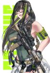  1girl ar-15 armband assault_rifle black_eyes black_hair clothes_around_waist cowboy_shot girls&#039;_frontline glasses gloves green_hair gun headphones highres jacket jacket_around_waist leotard_sweater long_hair m4_carbine m4a1_(girls&#039;_frontline) military multicolored_hair rifle scarf scope short_shorts shorts streaked_hair suppressor utsuda walkie-talkie weapon 