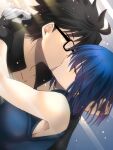  1boy 1girl armpits arms_around_neck black_hair black_jacket blue_hair breasts ciel_(tsukihime) closed_eyes dutch_angle glasses gloves hand_in_another&#039;s_hair highres jacket kiss kissing_cheek large_breasts medium_hair sleeveless tohno_shiki tsukihime vent_vert_(kuuya) 