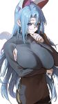  1girl animal_ears aochoku arm_under_breasts armpit_crease armpit_cutout black_shirt blue_eyes blue_hair breast_hold breasts cat_ears cat_tail cleavage closed_mouth clothing_cutout fake_animal_ears glasses hairband hand_on_own_chin highres large_breasts long_hair long_sleeves looking_at_viewer original round_teeth shirt sidelocks simple_background smile solo stroking_own_chin tail teeth upper_body very_long_hair white_background 