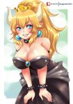  1girl armlet bangs bare_shoulders black_collar black_dress black_nails blonde_hair blue_eyes bowsette bracelet breasts cleavage collar crown dress earrings fingernails grin hair_between_eyes high_ponytail horns huge_breasts jewelry leaning_forward lips long_hair looking_at_viewer mario_(series) nail_polish new_super_mario_bros._u_deluxe paid_reward_available patreon_logo patreon_username pointy_ears shiny shiny_hair shiny_skin sidelocks smile solo spiked_armlet spiked_bracelet spiked_collar spikes strapless strapless_dress sugarbell very_long_hair 