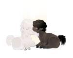  1boy 1girl black_hair blue_eyes centaur child closed_eyes closed_mouth colored_skin dark_skin facing_away full_body highres hooves horizontal_pupils looking_at_another monster_boy monster_girl nkvoop original pointy_ears short_hair simple_background sitting taur white_background white_hair white_skin 