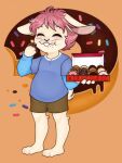  anthro buckteeth crumbs dessert doughnut dunkin&#039;_donuts eating floppy_ears food glutton hare hi_res joshie_(calahootheyeen) lagomorph layered_clothing leporid male mammal overweight overweight_male rabbit slightly_chubby solo teeth vicky_art whiskers 