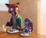  2022 anthro beverage canid canine clothed clothing dialogue digital_media_(artwork) dipstick_ears disney duo english_text female food fox fur grey_body grey_fur hi_res judy_hopps lagomorph leporid light lighting looking_at_another male mammal multicolored_ears nick_wilde open_clothing open_shirt open_topwear orange_body orange_fur rabbit red_fox s1m shaded shirt sushi text topwear zootopia 
