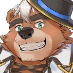  44odosi anthro brown_body brown_fur clothing eyebrows fur girn goro_(live-a-hero) green_eyes hair hat headgear headwear hi_res lidded_eyes lifewonders live-a-hero looking_at_viewer male mammal solo stubble thick_eyebrows ursid video_games white_hair 