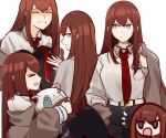  &gt;_&lt; 1girl absurdres black_legwear black_shorts blue_eyes brown_hair closed_eyes closed_mouth commentary dress_shirt english_commentary highres holding holding_clothes holding_jacket holeecrab jacket jacket_removed long_hair makise_kurisu multiple_views necktie open_mouth pantyhose pocket red_necktie shirt shorts smile steins;gate teeth white_shirt 