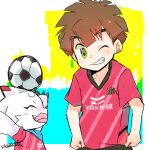  anthro ball bandai_namco brown_hair clothing digimon digimon_(species) digimon_ghost_game duo gammamon gammamon_(ghost_game) green_eyes grin hair hiro_amanokawa horn human male mammal one_eye_closed radiospeed14 smile soccer soccer_ball soccer_uniform sport sportswear uniform white_body wink 