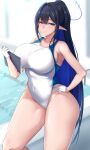 1girl alternate_costume bad_proportions bangs bare_arms bare_legs bare_shoulders blue_archive blue_eyes blue_hair blush breasts closed_mouth competition_swimsuit covered_navel glasses gloves halo hand_on_hip highres large_breasts long_hair looking_at_viewer one-piece_swimsuit pointy_ears ponytail rin_(blue_archive) smile solo swimsuit thighs tyamurai33 white_gloves white_swimsuit wide_hips 