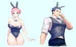  1boy 1girl animal_ears aynoh blue_hair breasts cleavage collar collared_shirt green_background green_eyes highres long_hair looking_at_viewer looking_to_the_side male_playboy_bunny microphone muscular muscular_male open_mouth original pectorals pink_hair playboy_bunny ponytail rabbit_ears red_eyes shirt short_hair short_sleeves simple_background smile spiked_hair talking teeth thick_thighs thighs tight tongue 