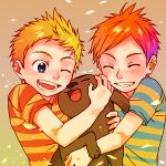  2boys aynoh blonde_hair child claus_(mother_3) closed_eyes dog falling_petals hug leaf lucas_(mother_3) male_focus mother_(game) mother_3 multiple_boys one_eye_closed orange_hair petals shirt simple_background smile spiked_hair teeth tongue 