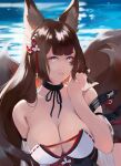  1girl adjusting_hair ai-wa amagi_(azur_lane) animal_ear_fluff animal_ears azur_lane bangs bare_shoulders blunt_bangs breasts brown_hair choker cleavage closed_mouth colored_inner_hair detached_sleeves eyelashes eyeliner fox_ears fox_girl fox_tail hair_ornament hand_up highres japanese_clothes kimono large_breasts long_hair looking_at_viewer makeup multicolored_hair multiple_tails obi orange_hair purple_eyes ribbon_trim sash smile solo streaked_hair tail upper_body water 