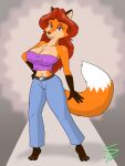  anthro barefoot bedroom_eyes belt big_breasts bottomwear breasts canid canine chest_tuft clothed clothing feet female fox fur hair hand_on_hip hi_res long_hair looking_at_viewer mammal narrowed_eyes navel nipple_outline orange_body orange_fur pants red_hair seductive sheila_vixen solo sparkpad standing topwear tube_top tuft 