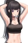  1girl absurdres armpits arms_behind_head arms_up bare_arms bare_shoulders bintz black_choker black_hair black_shirt breasts choker cleavage collarbone crop_top hair_tie_in_mouth highres large_breasts long_hair looking_at_viewer midriff mouth_hold navel original ponytail purple_eyes shadow shirt sidelocks simple_background sleeveless sleeveless_shirt slit_pupils solo spaghetti_strap stomach tying_hair upper_body white_background 