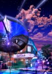  bubble building city cloud cloudy_sky evening fantasy highres little_pine night original outdoors reflection road scenery shop sign sky sparkle star_(sky) starry_sky street sunset town tree twilight umbrella walking 