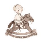  1boy ai-wa bangs blonde_hair blush child fire_emblem fire_emblem_fates from_side full_body hairband highres leo_(fire_emblem) long_sleeves looking_at_viewer male_child male_focus riding rocking_horse shoes short_hair shorts sideways_glance simple_background socks solo white_background white_footwear white_legwear younger 