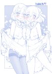  2girls :d arm_around_waist ass_visible_through_thighs bangs blue_theme blush bob_cut bow bowtie clothes_lift collared_shirt commentary crotch_seam delicious_party_precure dress dress_lift fuwa_kokone hair_bow hair_ornament hairclip highres jacket lace-trimmed_panties lace_trim leg_up lifted_by_self long_sleeves looking_at_viewer medium_dress medium_hair miyagoe_yoshitsuki monochrome multiple_girls nagomi_yui open_mouth outside_border panties pantyhose parted_lips precure sailor_collar school_uniform shinsen_middle_school_uniform shirt shoes short_hair side-by-side smile socks spot_color standing standing_on_one_leg thigh_gap thighband_pantyhose translated underwear 