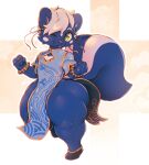 anthro asian_clothing bitfly capcom chinese_clothing chinese_dress chun-li clothing dress east_asian_clothing hi_res male mammal mephitid one_eye_closed pepper_westerly short_stack skunk street_fighter thick_thighs video_games wide_hips wink 