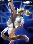  3d_(artwork) 5_fingers absurd_res anthro areola bent_leg big_breasts biped black_nose blonde_hair blue_eyes blurred_background breasts brown_body brown_fur butt cleft_of_venus collar dancing detailed digital_media_(artwork) dita_(olexey_oleg) dutch_angle eyelashes felid feline female fingers flexible front_view fur fur_markings genitals hair hi_res jaguar looking_at_viewer mammal markings multicolored_body multicolored_fur navel nipples nude on_one_leg one_eye_closed one_leg_up pantherine pigtails pink_areola pink_nipples plump_labia pole pole_dancing portrait pussy raised_leg small_waist smile solo splits spread_legs spreading standing text url vertical_splits whiskers wink zorryn 