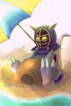  anthro bandai_namco beach claws digimon digimon_(species) glowing glowing_eyes hi_res horn kendo_men_mask kotemon martial_arts_uniform mask oko_konoko2 sand sand_castle scalie sculpture seaside shadowed_face solo sports_mask sportswear 