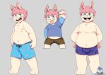  ahoge anthro bangs belly belly_overhang blep bluechubbywolf bottomwear boxer_briefs boxers_(clothing) bulge cargo_shorts chibi chonky chunky clothing clothing_too_small hair hands_on_hips hare hi_res joshie_(calahootheyeen) lagomorph layered_clothing leporid male mammal messy_hair moobs nipples overweight overweight_male pattern_clothing pawpads rabbit shirtless shirtless_male shorts slightly_chubby smile solo sticker swimming_trunks swimwear telegram_sticker tongue tongue_out underwear whiskers 