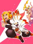  3boys cape collared_shirt facial_hair flame_print hakama highres ico_aico infernape japanese_clothes kimetsu_no_yaiba kimono long_hair male_focus mature_male multicolored_hair multiple_boys orange_hair pants pokemon pokemon_(game) pokemon_swsh red_background red_hair rengoku_kyoujurou rengoku_senjurou rengoku_shinjurou running sandals school_uniform scorbunny shirt simple_background smile socks spiked_hair stubble teeth thick_eyebrows tongue torchic white_background yellow_eyes yukata 