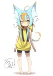  ? absurdres ahoge animal_ear_fluff animal_ears bangs bare_arms bare_shoulders barefoot bike_shorts black_shorts blue_hair commentary_request drawstring full_body hair_between_eyes hairband highres hood hood_down hoodie idaten93 long_hair looking_at_viewer multicolored_hair orange_hair orange_hairband original parted_lips shadow short_shorts shorts simple_background sleeveless sleeveless_hoodie standing streaked_hair translation_request very_long_hair white_background yellow_eyes yellow_hoodie 