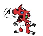  a_salmonid angry anthro bandai_namco blue_eyes chibi claws digimon digimon_(species) headphones humor low_res red_body scalie shoutmon solo yelling 