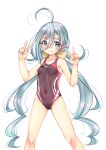  1girl absurdres ahoge alternate_costume breasts collarbone competition_swimsuit cowboy_shot double_v grey_eyes grey_hair hair_between_eyes hair_bun highres kantai_collection kiyoshimo_(kancolle) long_hair looking_at_viewer low_twintails one-piece_swimsuit purple_swimsuit single_hair_bun small_breasts smile solo swimsuit twintails v very_long_hair yashin_(yasinz) zoom_layer 