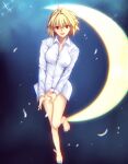  1girl ahoge arcueid_brunestud barefoot blonde_hair breasts chromatic_aberration crescent_moon hair_between_eyes hair_intakes highres iro_(sekaixiro) large_breasts looking_at_viewer moon no_pants open_mouth panties red_eyes round_teeth shirt short_hair solo teeth thigh_gap thighs tsukihime type-moon underwear upper_teeth white_panties white_shirt 