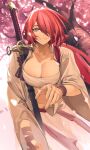  1girl bandaged_arm bandages breasts brown_shirt character_request cherry_blossoms chest_sarashi cleavage hair_over_one_eye highres katana knifedragon long_hair long_sleeves looking_at_viewer medium_breasts navel open_clothes open_shirt orange_eyes reaching_out red_hair sarashi sheath sheathed shirt shirt_tucked_in smile solo sword tree weapon wristband 