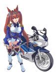  1girl :d animal_ears boots breasts brown_hair daiwa_scarlet_(umamusume) epaulettes fang ground_vehicle hair_intakes hal-py highres horse_ears horse_girl horse_tail large_breasts long_hair long_sleeves looking_at_viewer motor_vehicle motorcycle red_eyes simple_background smile solo suzuki_(company) tail thigh_boots thighhighs tiara twintails umamusume very_long_hair white_background white_legwear 