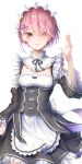  1girl absurdres apron bangs black_ribbon blush bow breasts frilled_apron frills hair_between_eyes hair_ribbon highres looking_at_viewer maid maid_apron neck_ribbon pink_eyes pink_hair purple_bow purple_ribbon ram_(re:zero) re:zero_kara_hajimeru_isekai_seikatsu ribbon simple_background solo white_background yuunamida_uyu 