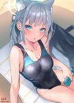  1girl aekun_cben animal_ear_fluff animal_ears bare_arms blue_archive blue_eyes blurry blurry_background blush bottle breasts bright_pupils cleavage competition_swimsuit cross_hair_ornament extra_ears grey_hair hair_ornament halo highres holding holding_bottle medium_breasts mismatched_pupils one-piece_swimsuit parted_lips shiroko_(blue_archive) shiroko_(swimsuit)_(blue_archive) sitting solo swimsuit thigh_gap twitter_username two-tone_swimsuit water_bottle wet white_pupils 
