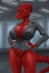  2:3 anthro bottomless breasts clothed clothing digital_media_(artwork) female genitals hi_res looking_at_viewer nihilophant orange_eyes pussy reptile scalie shaded simple_background solo text topwear 
