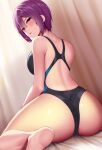  1girl ass bangs bare_arms bare_shoulders barefoot black_swimsuit blush breasts commentary_request from_behind huyumitsu large_breasts looking_at_viewer looking_back one-piece_swimsuit original parted_lips purple_eyes purple_hair sitting solo swimsuit thighs wariza 
