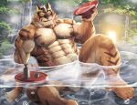  1:1 abs absurd_res alcohol anthro bathing beverage blush drinking drunk felid fur hi_res hot_spring lifewonders live-a-hero male mammal miazuma_shouki muscular muscular_anthro muscular_male nipples pantherine pecs ryekie_(live-a-hero) sake solo striped_body striped_fur stripes substance_intoxication tiger towel video_games water 