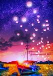  boat cloud cloudy_sky evening fantasy floating floating_object highres lantern little_pine mountainous_horizon no_humans ocean scenery sky sparkle star_(sky) starry_sky sunset twilight water watercraft 