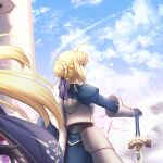  2girls ahoge armor armored_dress armored_gloves artoria_caster_(fate) artoria_caster_(second_ascension)_(fate) artoria_pendragon_(fate) blonde_hair blue_bow blue_dress blue_sky bow cloak closed_mouth cloud cloudy_sky dress excalibur_(fate/stay_night) fate/grand_order fate/stay_night fate_(series) flower gauntlets gloves green_eyes hair_bow hair_bun hair_ribbon holding long_sleeves multiple_girls petals pink_flower ribbon saber shoori_(migiha) short_hair single_hair_bun sky smile sword weapon 