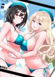  2girls :d alternate_costume asymmetrical_docking atago_(kancolle) beret bikini black_hair blonde_hair blue_bikini blue_headwear blush breast_press breasts cleavage from_side hat highres kantai_collection kirigakure_(kirigakure_tantei_jimusho) large_breasts long_hair multiple_girls red_eyes short_hair smile swimsuit takao_(kancolle) 