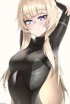  1girl ak74m_(girls&#039;_frontline) arms_behind_head artificial_eye bangs black_bodysuit blonde_hair blue_eyes blush bodysuit breasts character_name closed_mouth girls&#039;_frontline highres long_hair long_sleeves looking_at_viewer mechanical_eye medium_breasts saturndxy solo twitter_username upper_body white_background 